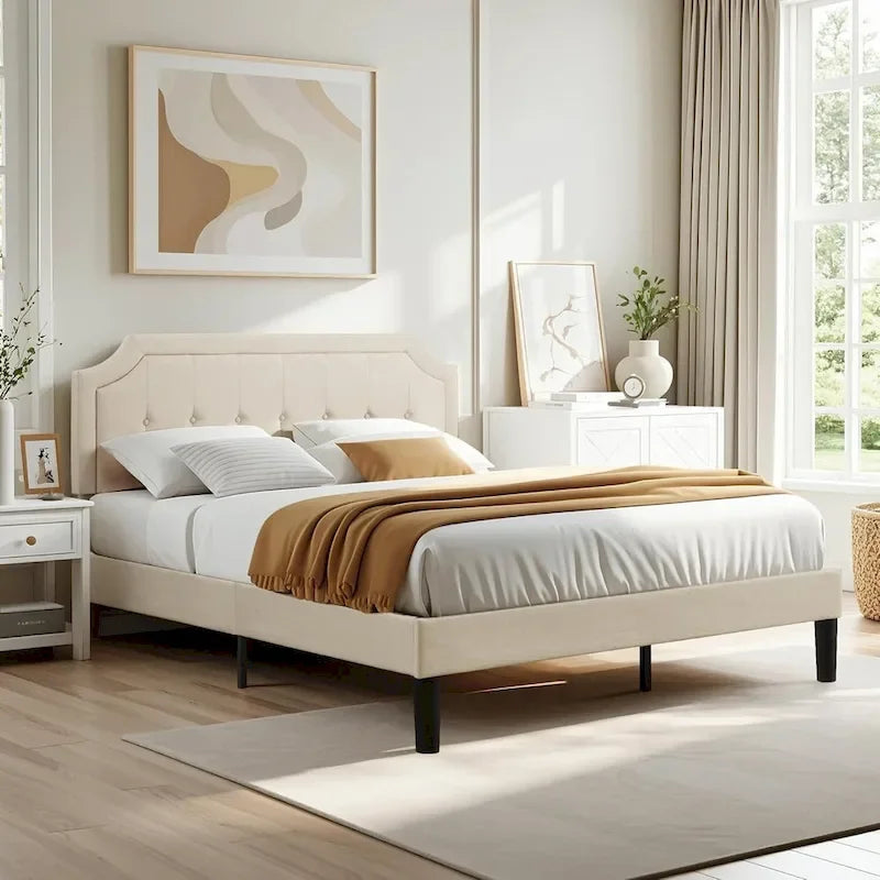 Upholstered Platform Bed Frame with Adjustable Headboard