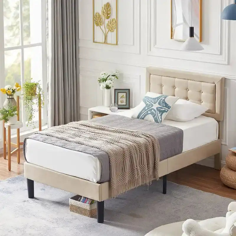 Tufted Upholstered Platform Bed Frame with Adjustable Headboard,Beige-Just have Full Size Bed