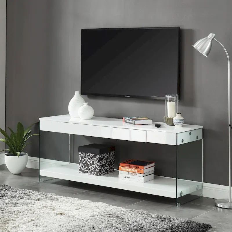 Moderner 60-Zoll-TV-Schrank aus Glas mit 1 Fach und 1 Schublade