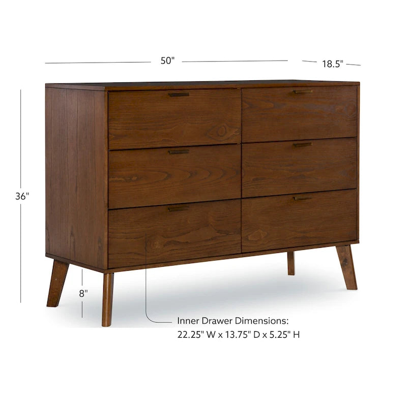 Commode en bois du milieu du siècle à 6 tiroirs