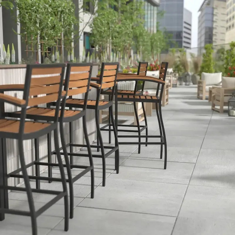 Commercial Grade Outdoor Bar Stool with Armrests and Poly Resin Slats