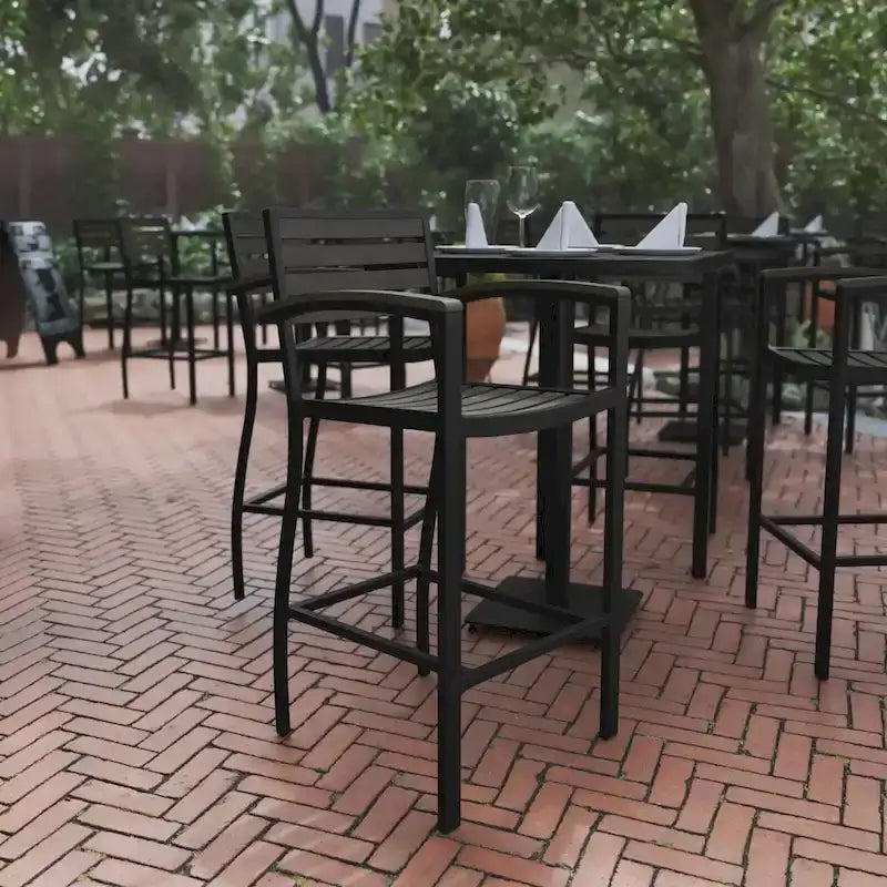 Commercial Grade Outdoor Bar Stool with Armrests and Poly Resin Slats