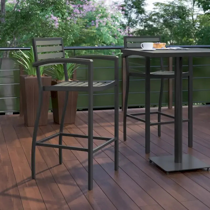 Commercial Grade Outdoor Bar Stool with Armrests and Poly Resin Slats