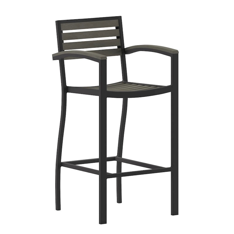 Commercial Grade Outdoor Bar Stool with Armrests and Poly Resin Slats
