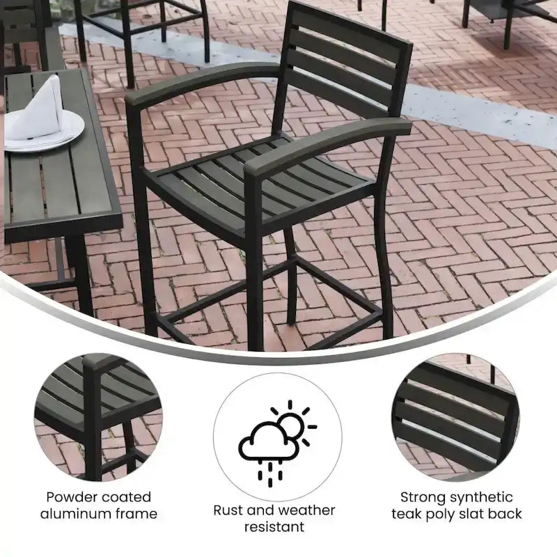 Commercial Grade Outdoor Bar Stool with Armrests and Poly Resin Slats
