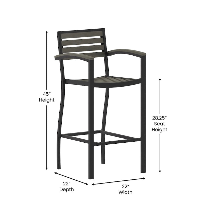 Commercial Grade Outdoor Bar Stool with Armrests and Poly Resin Slats