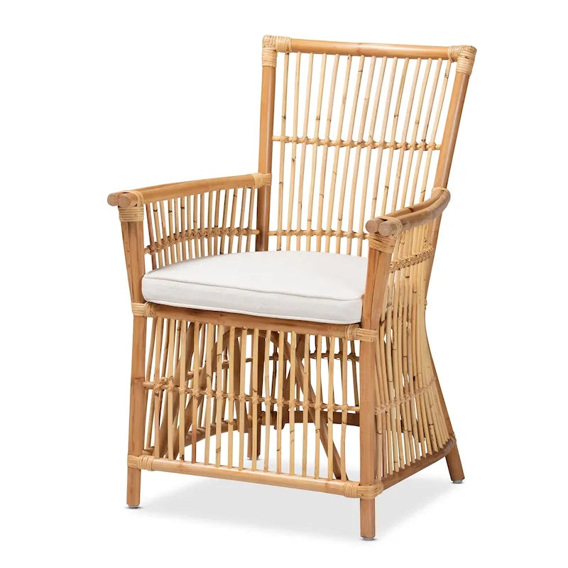 Gepolsterter Rattan-Sessel im Boho-Stil in Rosé-Weiß/Naturbraun