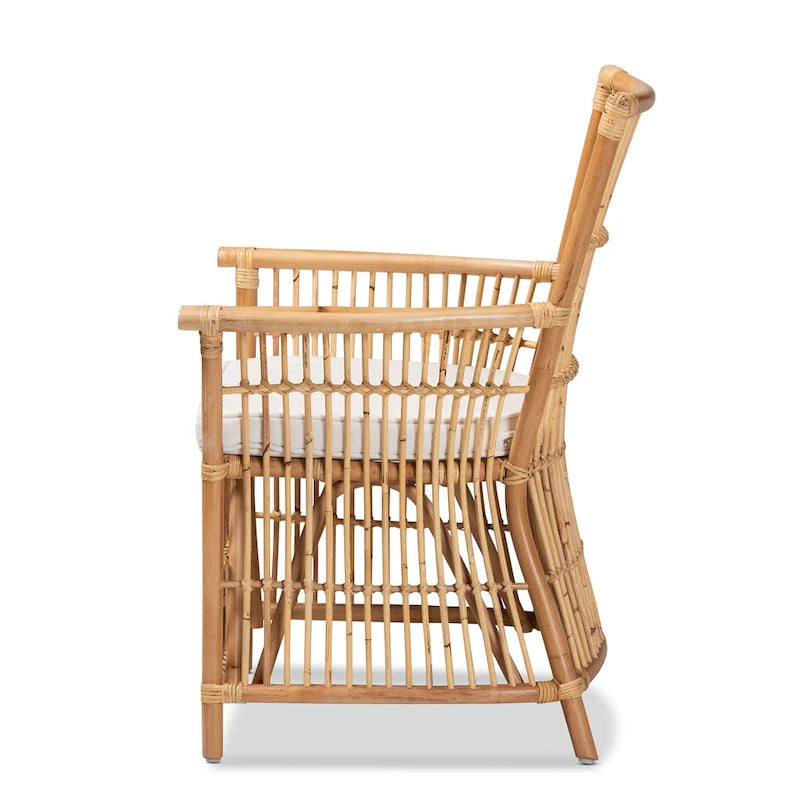 Fauteuil rembourré en rotin de style bohème rose - blanc/brun naturel