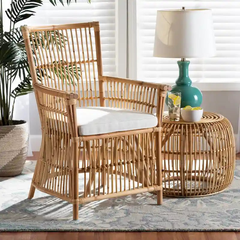 Fauteuil rembourré en rotin de style bohème rose - blanc/brun naturel