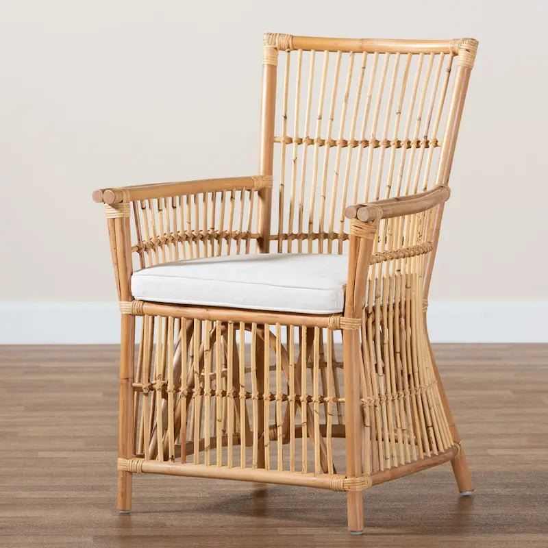 Fauteuil rembourré en rotin de style bohème rose - blanc/brun naturel