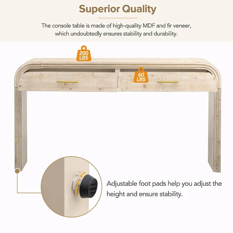Table console à la silhouette rétro irrésistible : style ouvert, deux tiroirs supérieurs