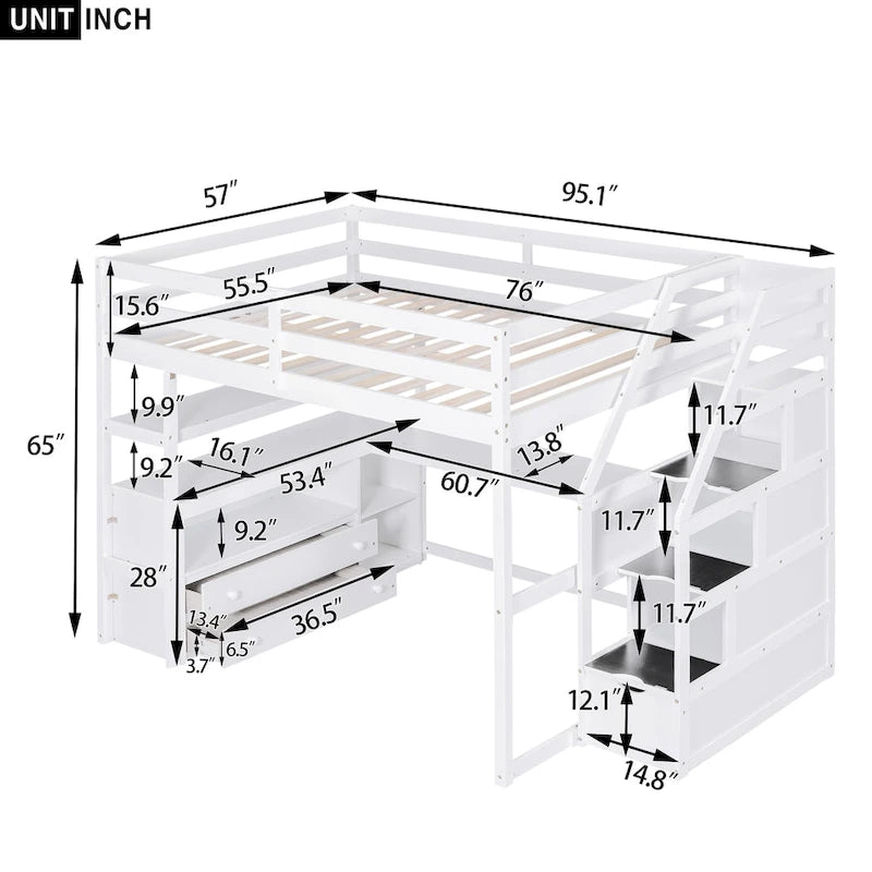 Hochbett in voller Größe mit Schreibtisch und Regalen, zwei integrierten Schubladen, Stauraumtreppe, Grau