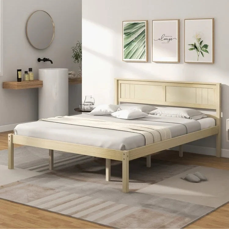 Wooden Bed Frame with Headboard and Slat Support