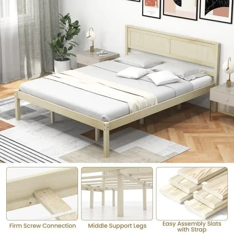 Wooden Bed Frame with Headboard and Slat Support