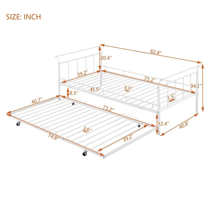Lit banquette métallique taille Twin avec design à poignées incurvées et lit gigogne taille Twin
