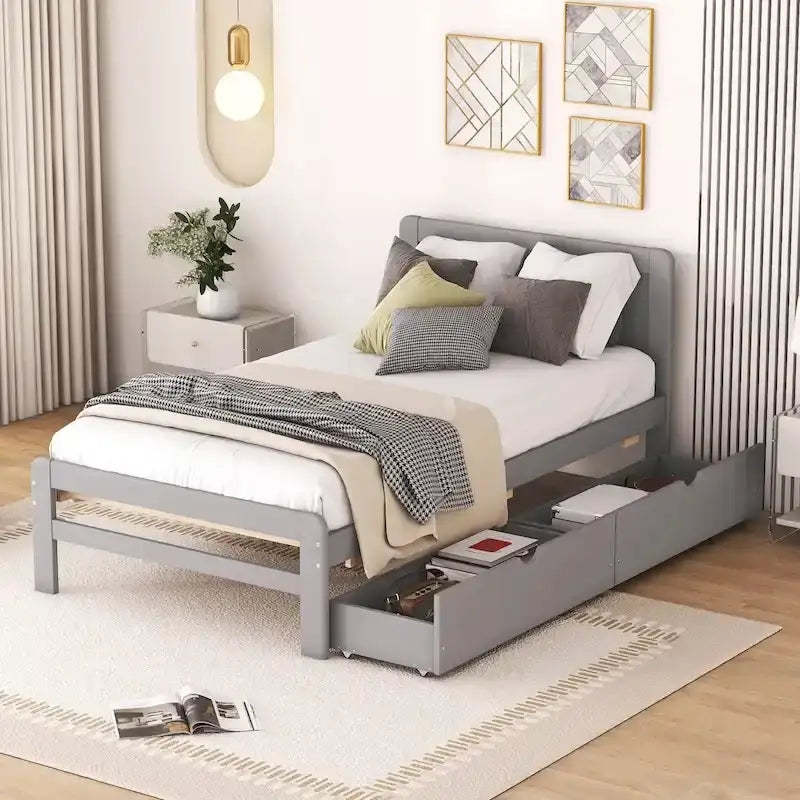 Modernes Plattformbettgestell aus Holz mit Ausziehbett