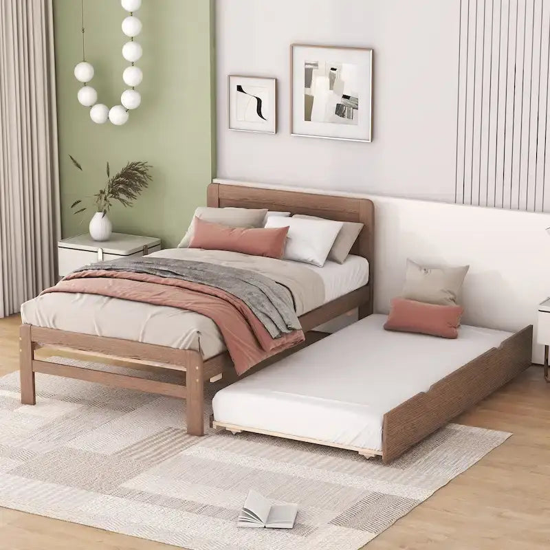 Modernes Plattformbettgestell aus Holz mit Ausziehbett