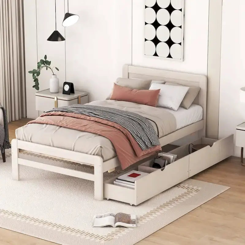 Modernes Plattformbettgestell aus Holz mit Ausziehbett