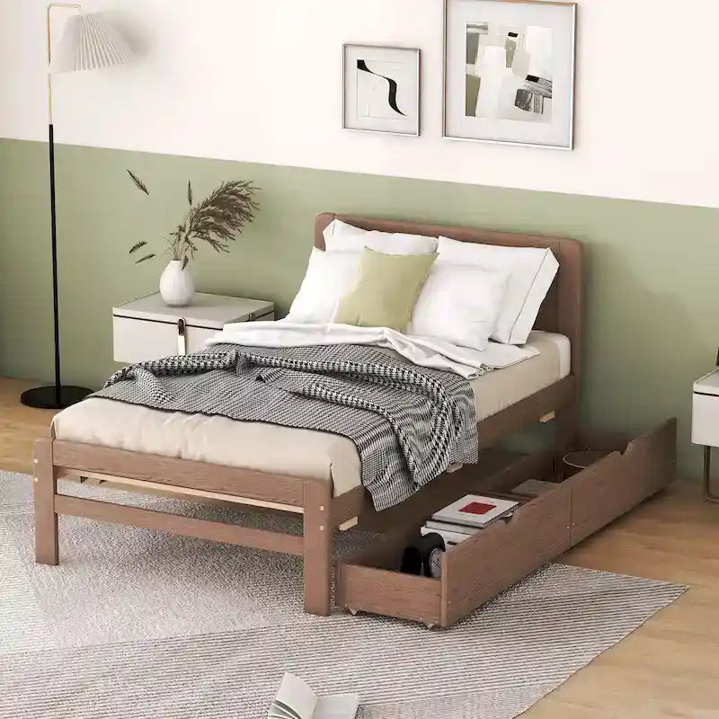 Modernes Plattformbettgestell aus Holz mit Ausziehbett