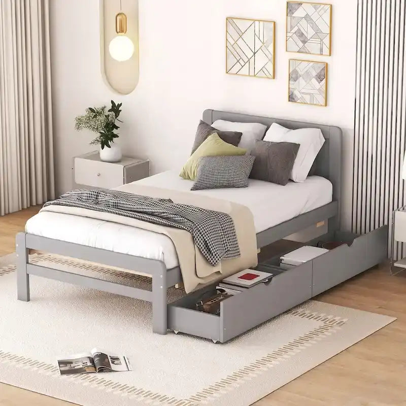 Modern Design Wooden Platform Bed Frame with Trundle