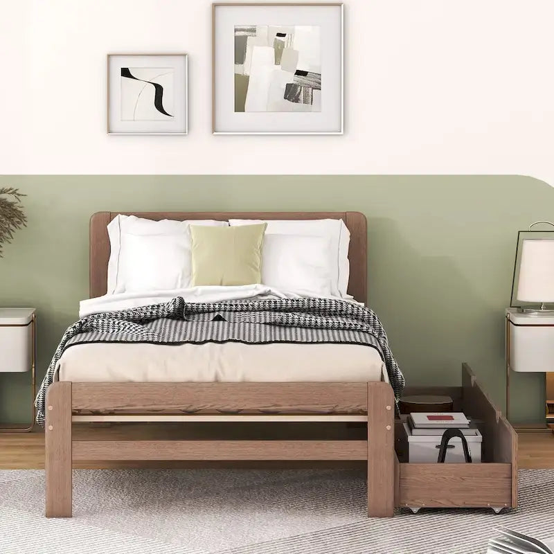 Modern Design Wooden Platform Bed Frame with Trundle
