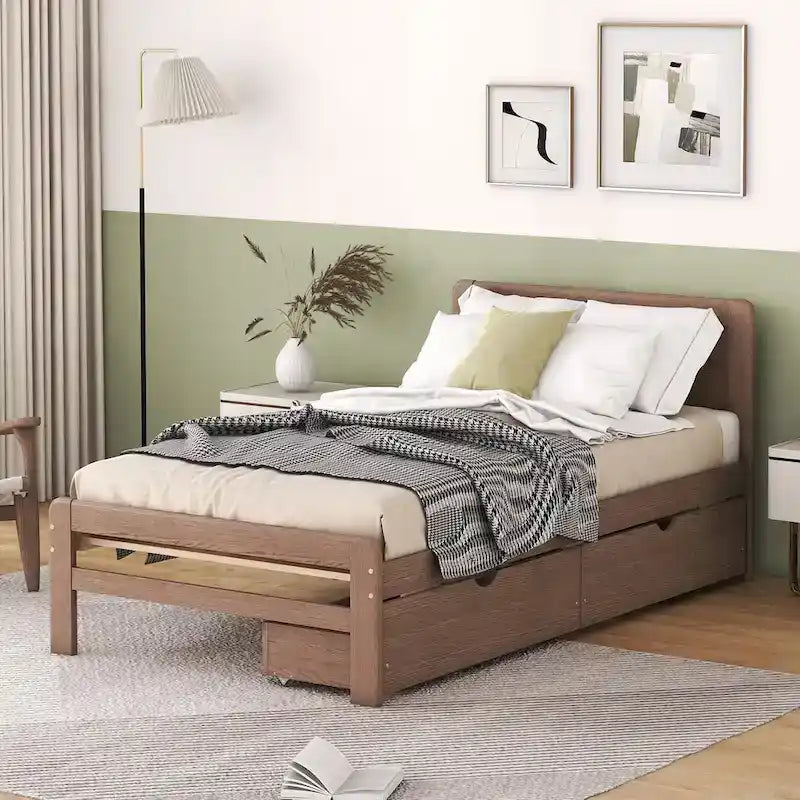 Modern Design Wooden Platform Bed Frame with Trundle
