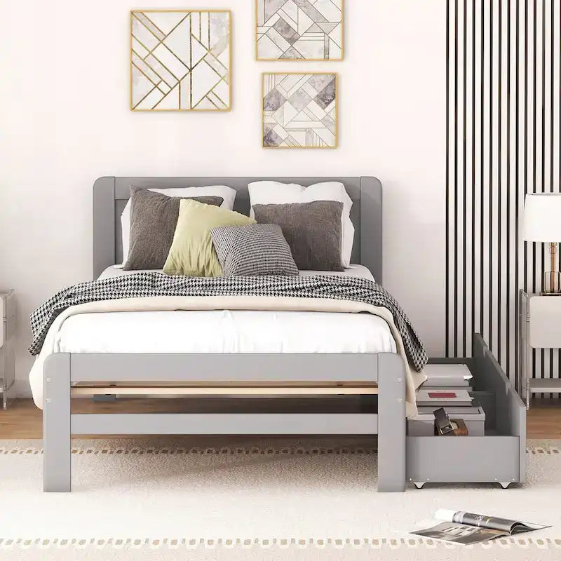 Modern Design Wooden Platform Bed Frame with Trundle
