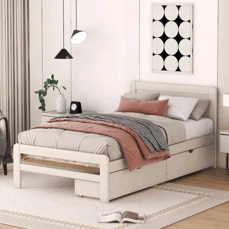 Modern Design Wooden Platform Bed Frame with Trundle
