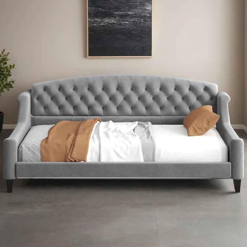 Lit de repos moderne luxueux pleine taille à boutons capitonnés, design multifonctionnel, sans sommier requis