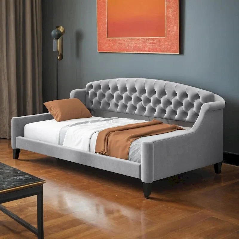 Lit de repos moderne luxueux pleine taille à boutons capitonnés, design multifonctionnel, sans sommier requis