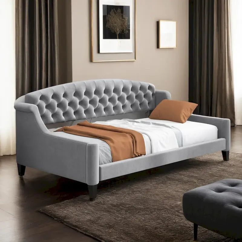 Lit de repos moderne luxueux pleine taille à boutons capitonnés, design multifonctionnel, sans sommier requis