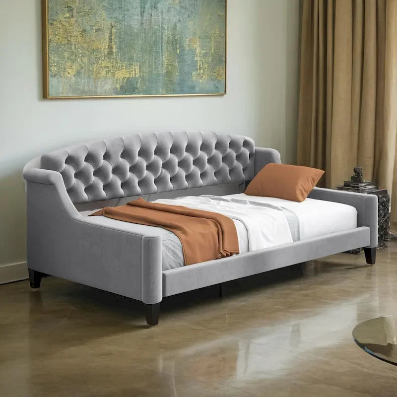 Lit de repos moderne luxueux pleine taille à boutons capitonnés, design multifonctionnel, sans sommier requis