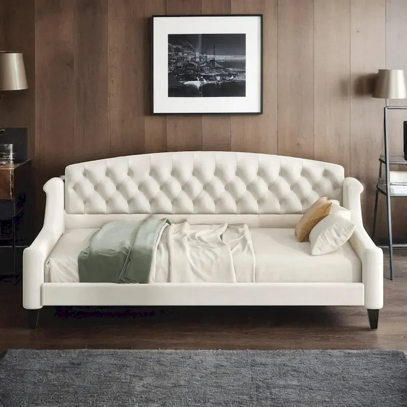 Lit de repos moderne luxueux pleine taille à boutons capitonnés, design multifonctionnel, sans sommier requis