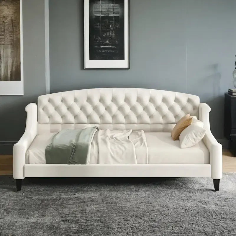 Lit de repos moderne luxueux pleine taille à boutons capitonnés, design multifonctionnel, sans sommier requis