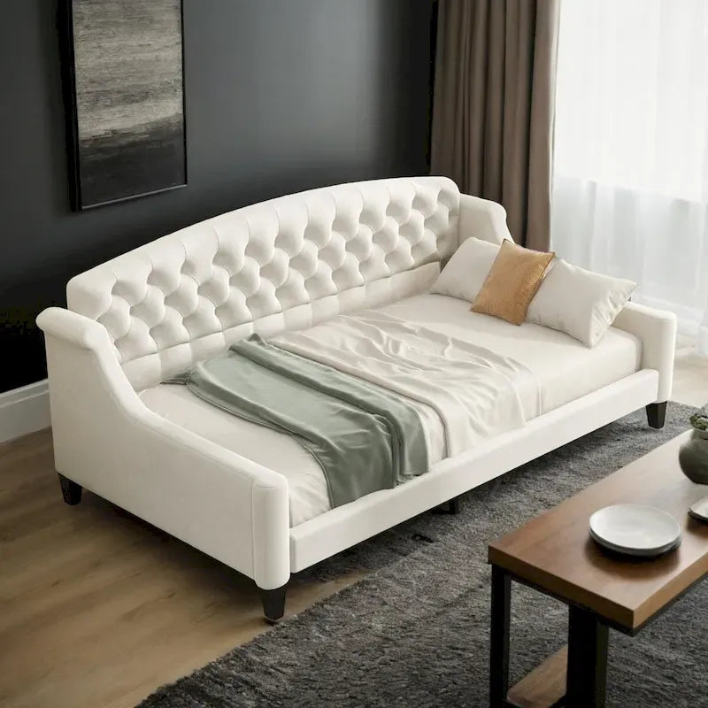 Lit de repos moderne luxueux pleine taille à boutons capitonnés, design multifonctionnel, sans sommier requis