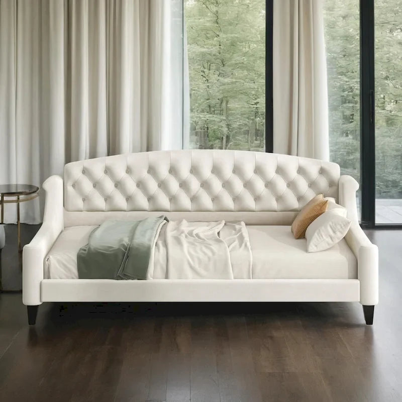 Lit de repos moderne luxueux pleine taille à boutons capitonnés, design multifonctionnel, sans sommier requis