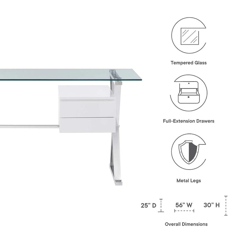 Bureau de bureau en verre avec plateau en verre de 56