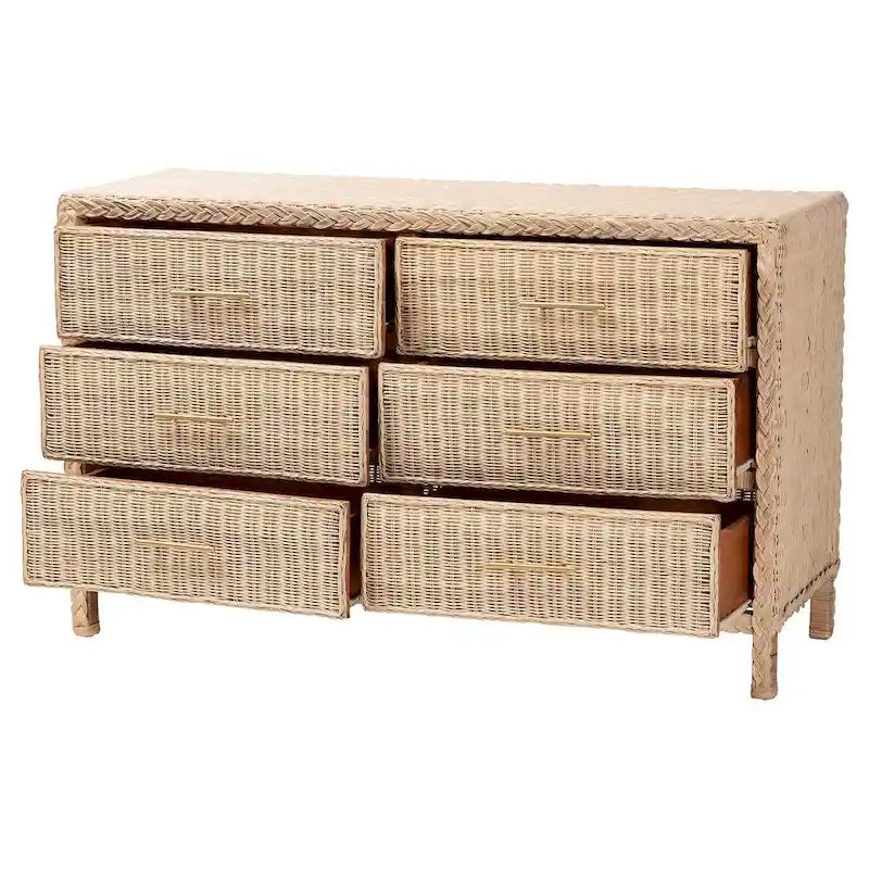 Lanica Japandi Sun-Bleached Braided Rattan 6-Drawer Dresser